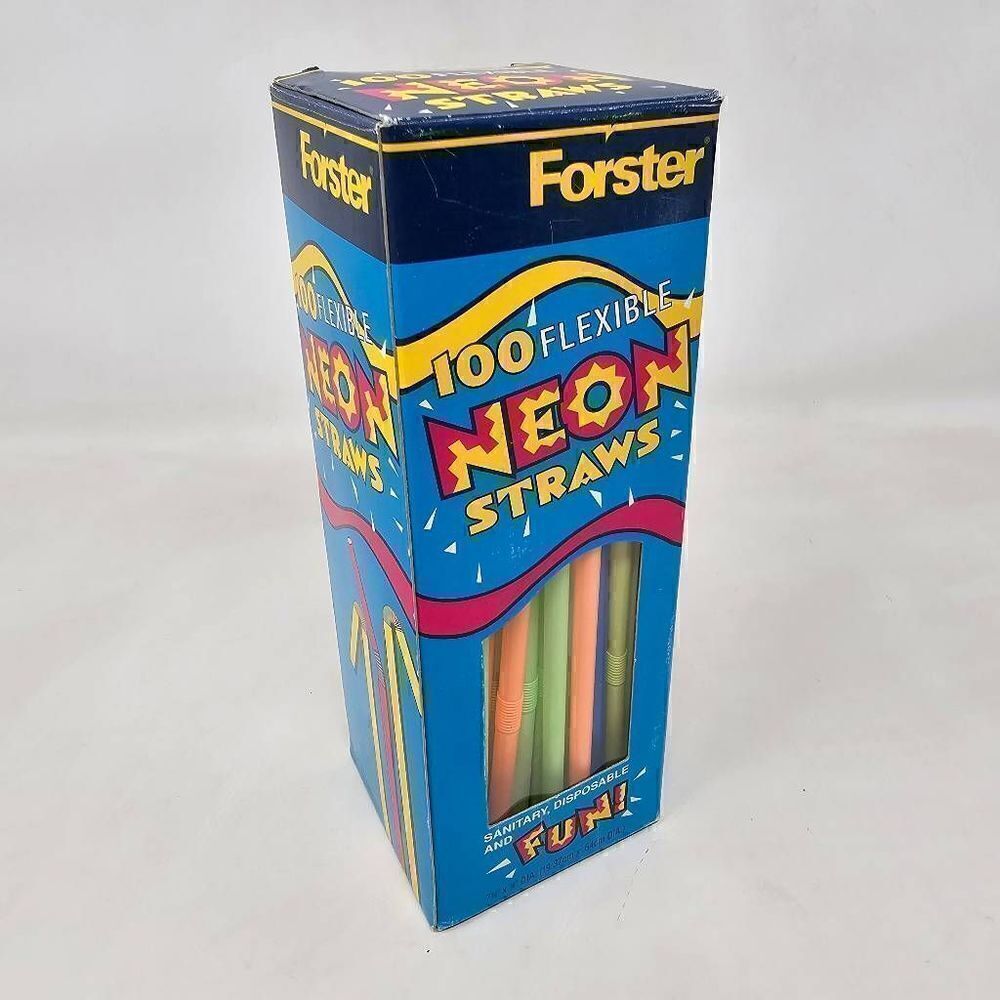 VINTAGE 1998 DIAMOND FORSTER 100 FLEXIBLE NEON PLASTIC STRAWS PARTY NOS BENDY